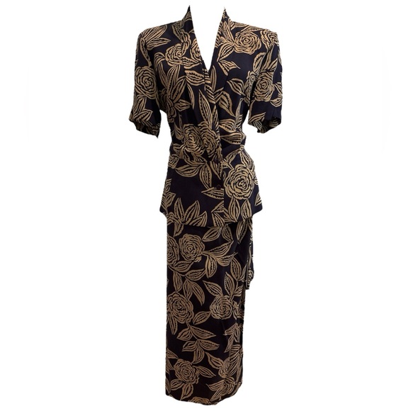 80s 2PC DANA BUCHMAN SILK NAVY & TAN FLORAL FITTED LUXURY TOP & WRAP MAXI SKIRT - Picture 3 of 14